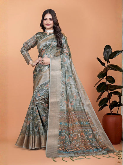 Rajwada Olive And Greyish  Cotton Blend Printed Saree For Women