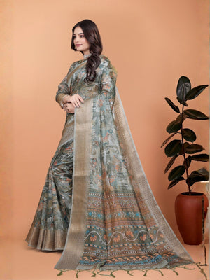 Rajwada Olive And Greyish  Cotton Blend Printed Saree For Women