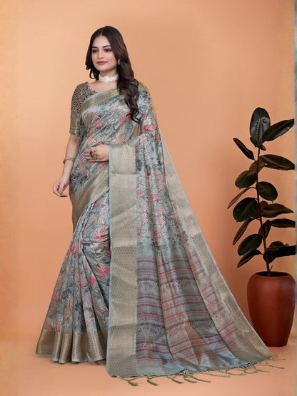Rajwada Grey  Cotton Blend Printed Saree For Women