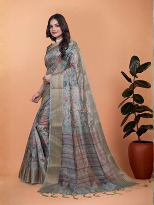Rajwada Grey  Cotton Blend Printed Saree For Women