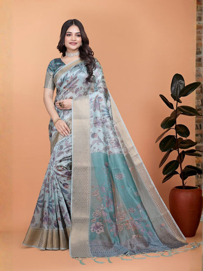 Rajwada Light Blue Cotton Blend Printed Saree For Women