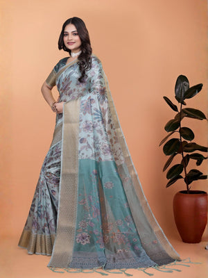 Rajwada Light Blue Cotton Blend Printed Saree For Women