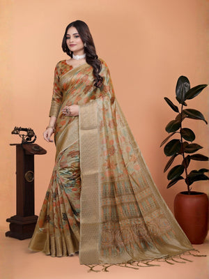 Rajwada Beige Gold Cotton Blend Printed Saree For Women