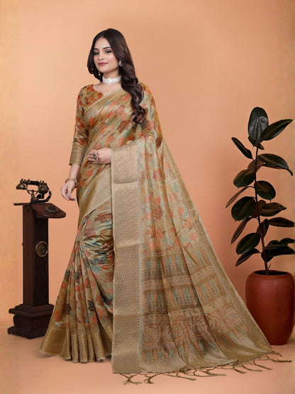 Rajwada Beige Gold Cotton Blend Printed Saree For Women