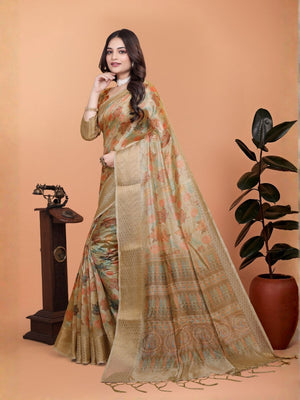Rajwada Beige Gold Cotton Blend Printed Saree For Women