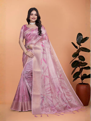 Rajwada Dusty Pink Cotton Blend Printed Saree For Women