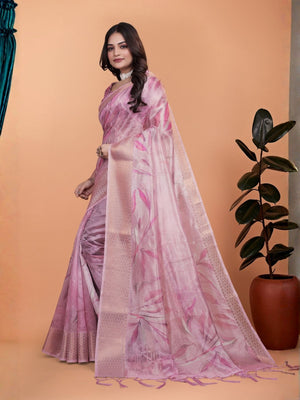 Rajwada Dusty Pink Cotton Blend Printed Saree For Women
