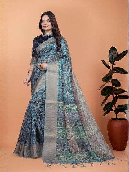 Rajwada Teal Blue Cotton Blend Printed Saree For Women