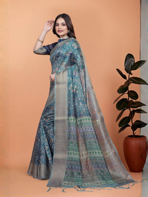 Rajwada Teal Blue Cotton Blend Printed Saree For Women