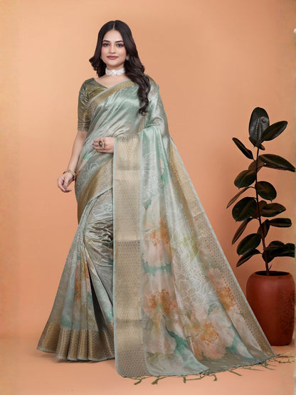 Rajwada Pastel Sage Cotton Blend Printed Saree For Women