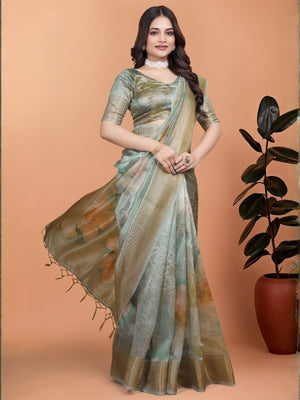 Rajwada Pastel Sage Cotton Blend Printed Saree For Women