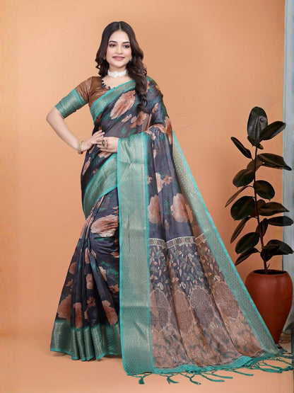 Rajwada Dark Blue Cotton Blend Printed Saree For Women