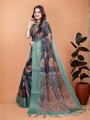 Rajwada Dark Blue Cotton Blend Printed Saree For Women