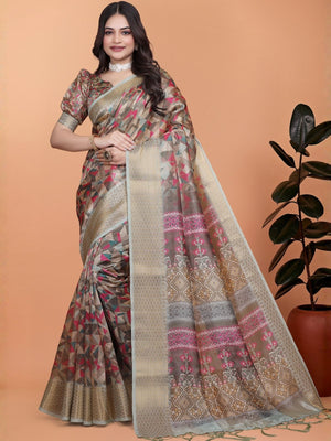 Rajwada Beige Cotton Blend Printed Saree For Women