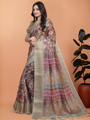 Rajwada Beige Cotton Blend Printed Saree For Women