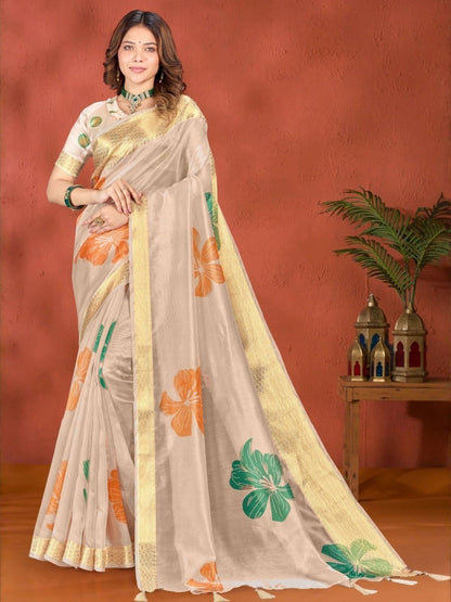 Rajwada Cream Cotton Blend Printed Saree For Women
