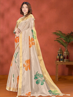 Rajwada Cream Cotton Blend Printed Saree For Women