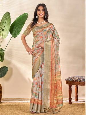 Rajwada Off White Cotton Blend Printed Saree For Women