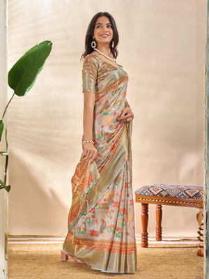 Rajwada Off White Cotton Blend Printed Saree For Women