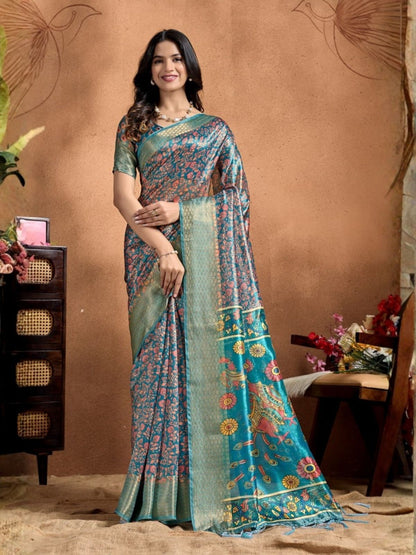 Rajwada Blue Cotton Blend Printed Saree For Women