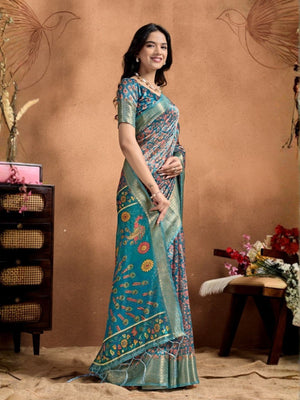 Rajwada Blue Cotton Blend Printed Saree For Women