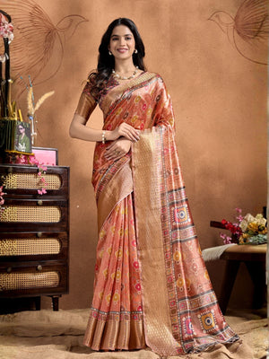 Rajwada Rust  Cotton Blend Printed Saree For Women