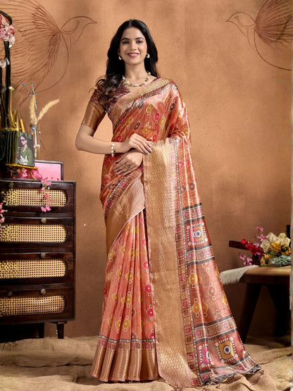 Rajwada Rust  Cotton Blend Printed Saree For Women