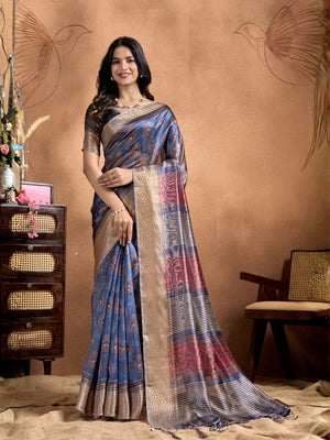 Rajwada Steel Blue Cotton Blend Printed Saree For Women