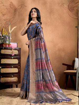 Rajwada Steel Blue Cotton Blend Printed Saree For Women