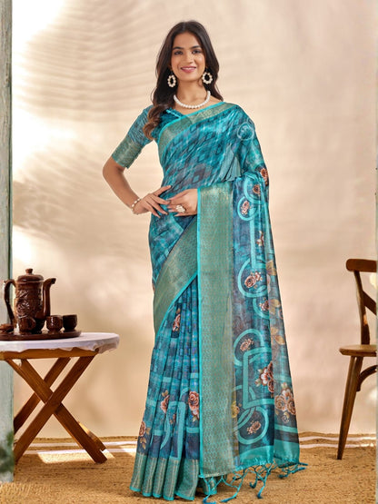 Rajwada Aqua Blue Cotton Blend Printed Saree For Women