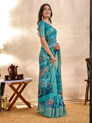 Rajwada Aqua Blue Cotton Blend Printed Saree For Women