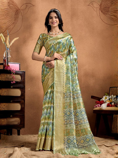 Rajwada Sage green Cotton Blend Printed Saree For Women