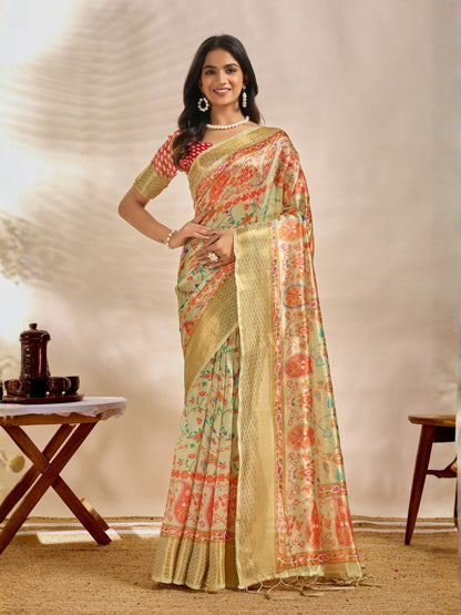 Rajwada Light Green And Red Cotton Blend Printed Saree For Women