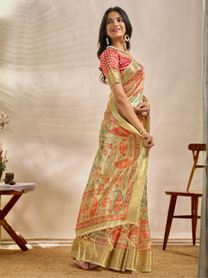 Rajwada Light Green And Red Cotton Blend Printed Saree For Women