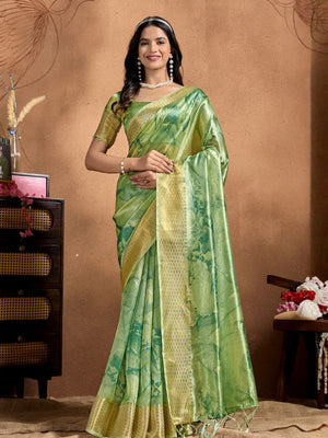 Rajwada Pista Green Cotton Blend Printed Saree For Women