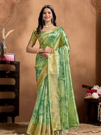 Rajwada Pista Green Cotton Blend Printed Saree For Women