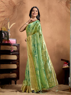 Rajwada Pista Green Cotton Blend Printed Saree For Women