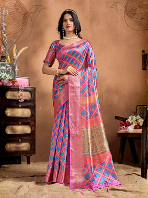Rajwada Pink And Blue Cotton Blend Printed Saree For Women