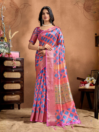 Rajwada Pink And Blue Cotton Blend Printed Saree For Women