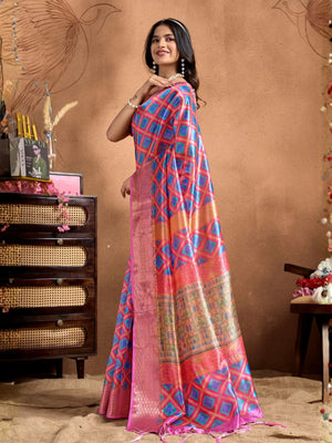 Rajwada Pink And Blue Cotton Blend Printed Saree For Women