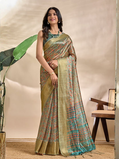 Rajwada Sage Green Cotton Blend Printed Saree For Women