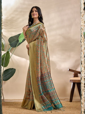 Rajwada Sage Green Cotton Blend Printed Saree For Women