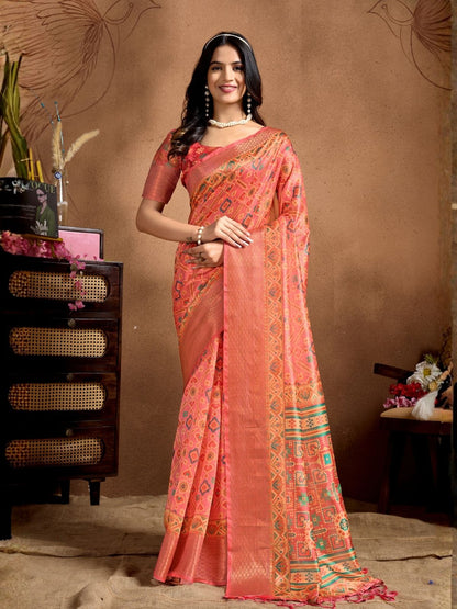 Rajwada Peach Cotton Blend Printed Saree For Women