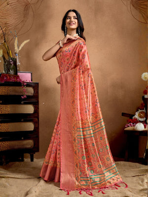 Rajwada Peach Cotton Blend Printed Saree For Women