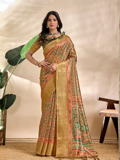Rajwada Olive And Gold Cotton Blend Printed Saree For Women