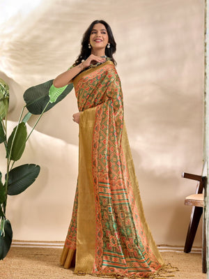 Rajwada Olive And Gold Cotton Blend Printed Saree For Women