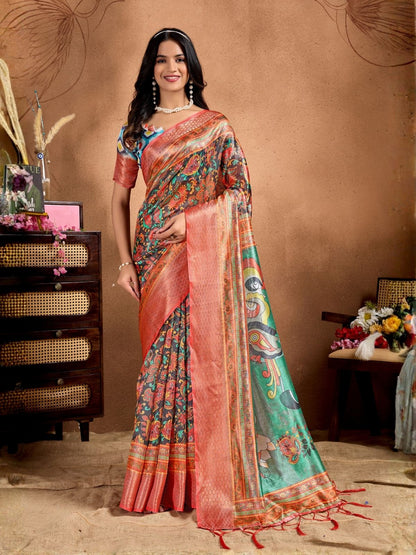 Rajwada Peach And Green Cotton Blend Printed Saree For Women