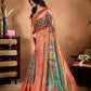Rajwada Peach And Green Cotton Blend Printed Saree For Women