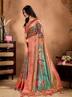 Rajwada Peach And Green Cotton Blend Printed Saree For Women