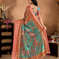 Rajwada Peach And Green Cotton Blend Printed Saree For Women